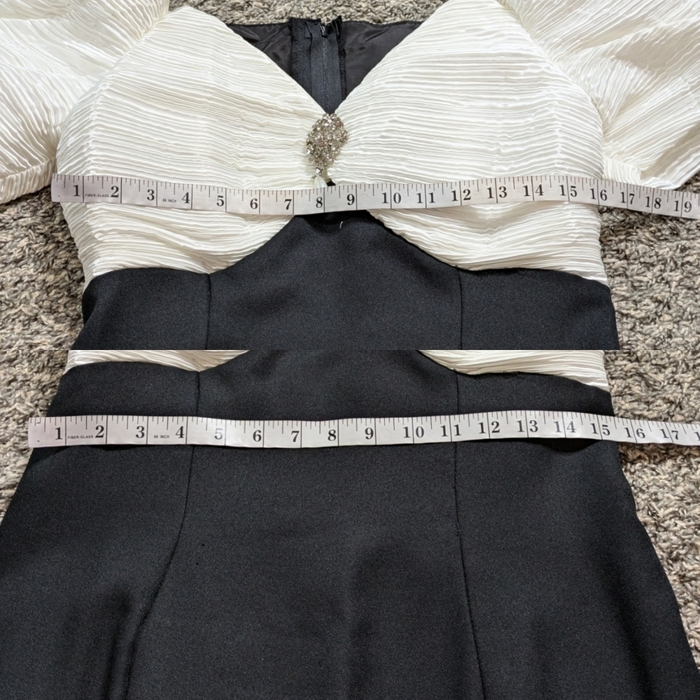 Vintage black white gathered satin off the shoulder evening gown M/L - Picture 9 of 10